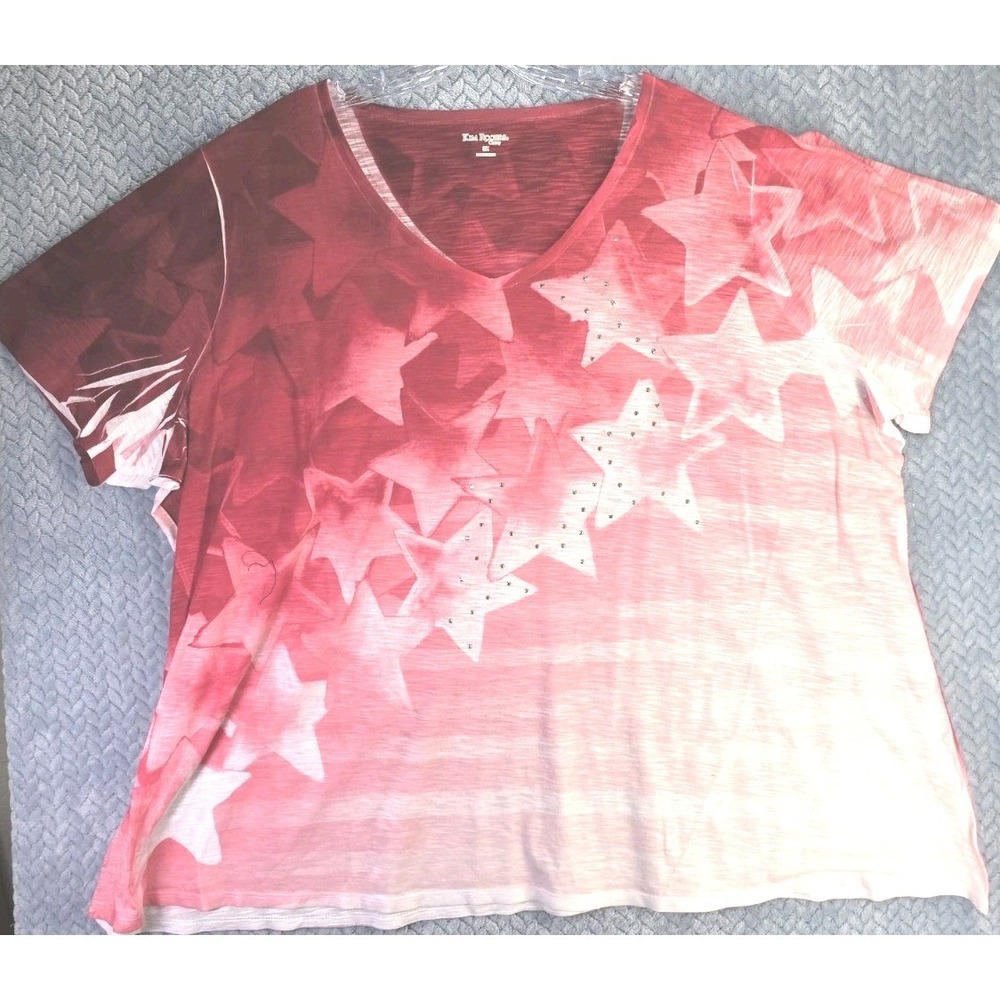 Kim Rogers Curvy Blouse Shiry Women's Size 3X  Red To Pink Fade Stars Comfort